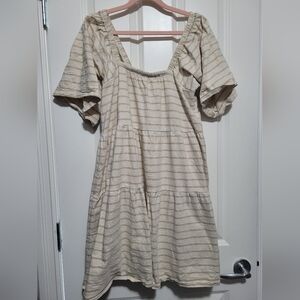 Striped Beige Dress with Puff Sleeves